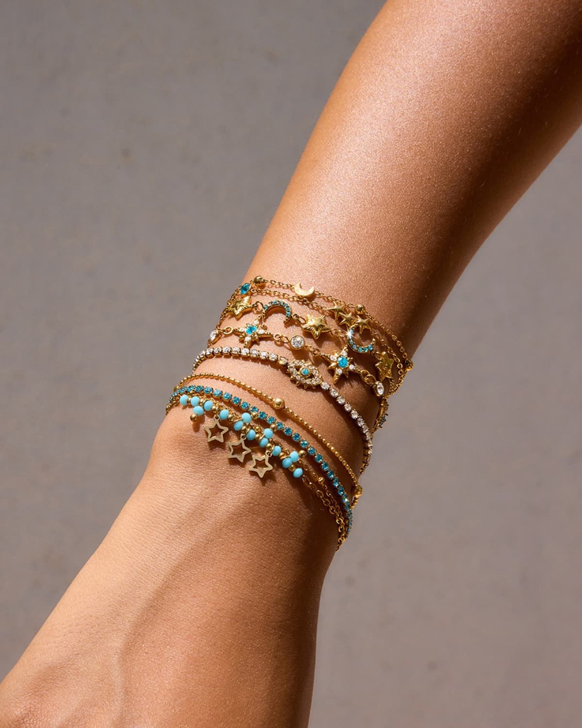Blue Crystal Moon Star Layered Bracelet